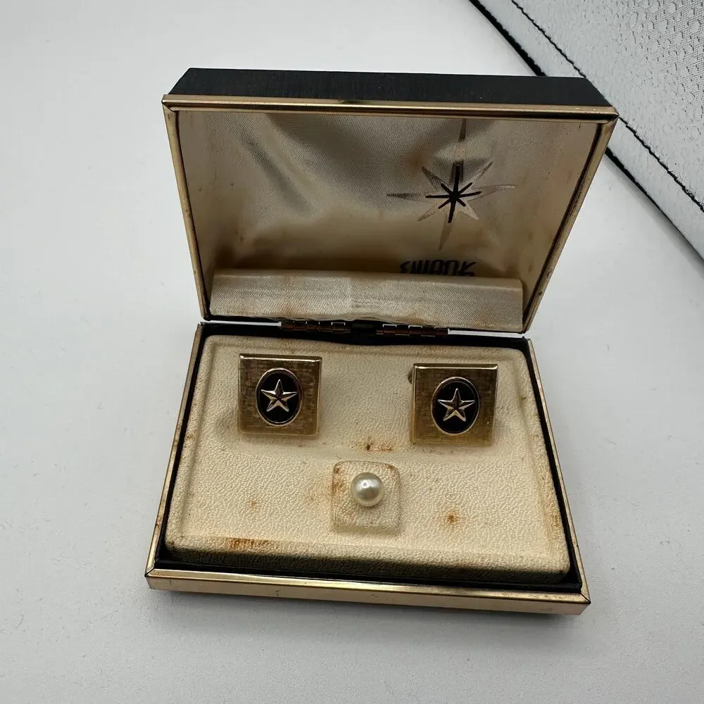 Vintage Swank Texas Star Cuff Links Set Gold Tone Square Shape Tie Pin